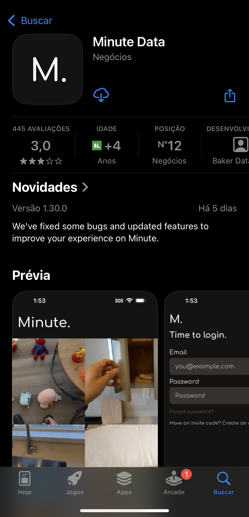 Página do app Minute Data na App Store