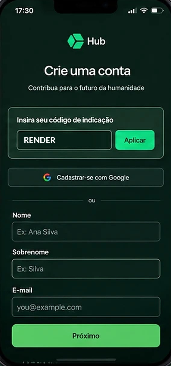 Tela “Crie uma conta” da Hub com o campo para inserir o código de indicação