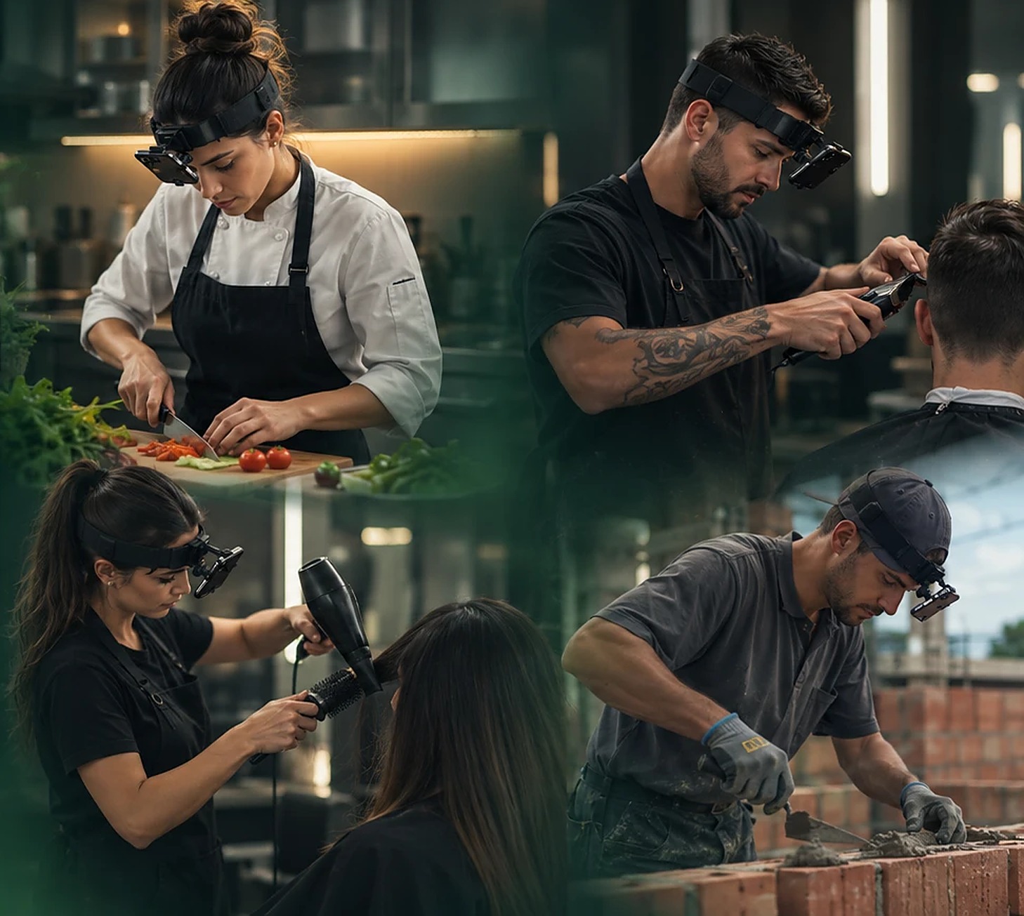 Pessoas trabalhando com o celular preso a um suporte de cabeça: na cozinha, na barbearia, no salão e na obra