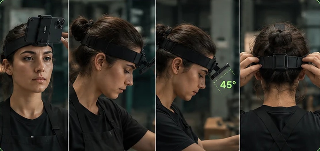 Sequência de fotos mostrando como prender o suporte na cabeça e o ângulo de 45° da câmera